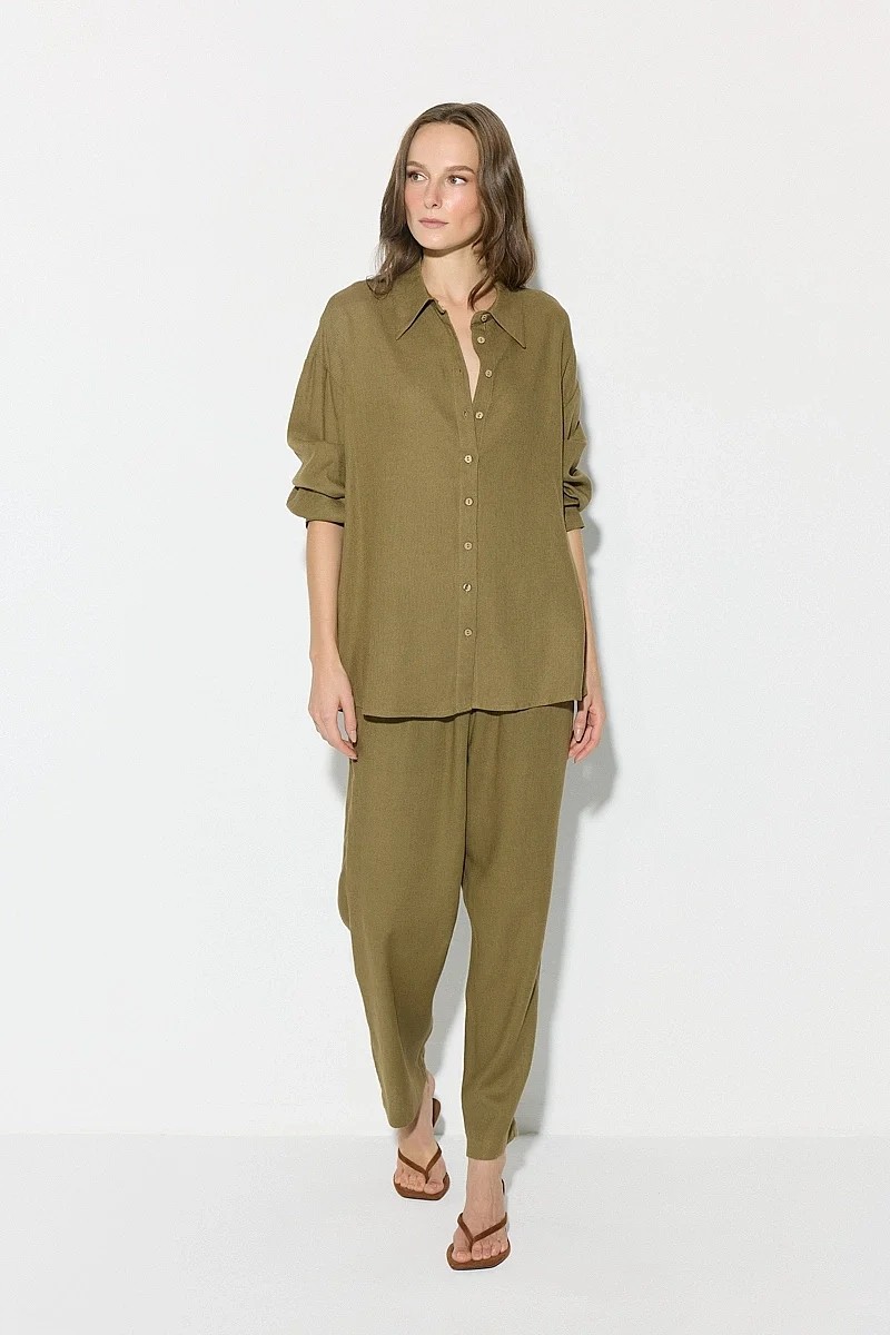 Gusto Rahat Kesim Keten Gömlek - Yeşil