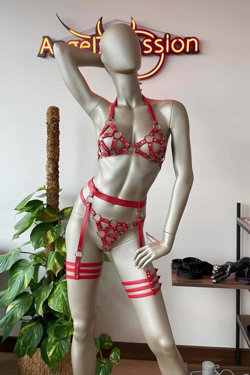 Kırmızı Deri Bdsm Fantazi Jartiyer Takım görsel 5