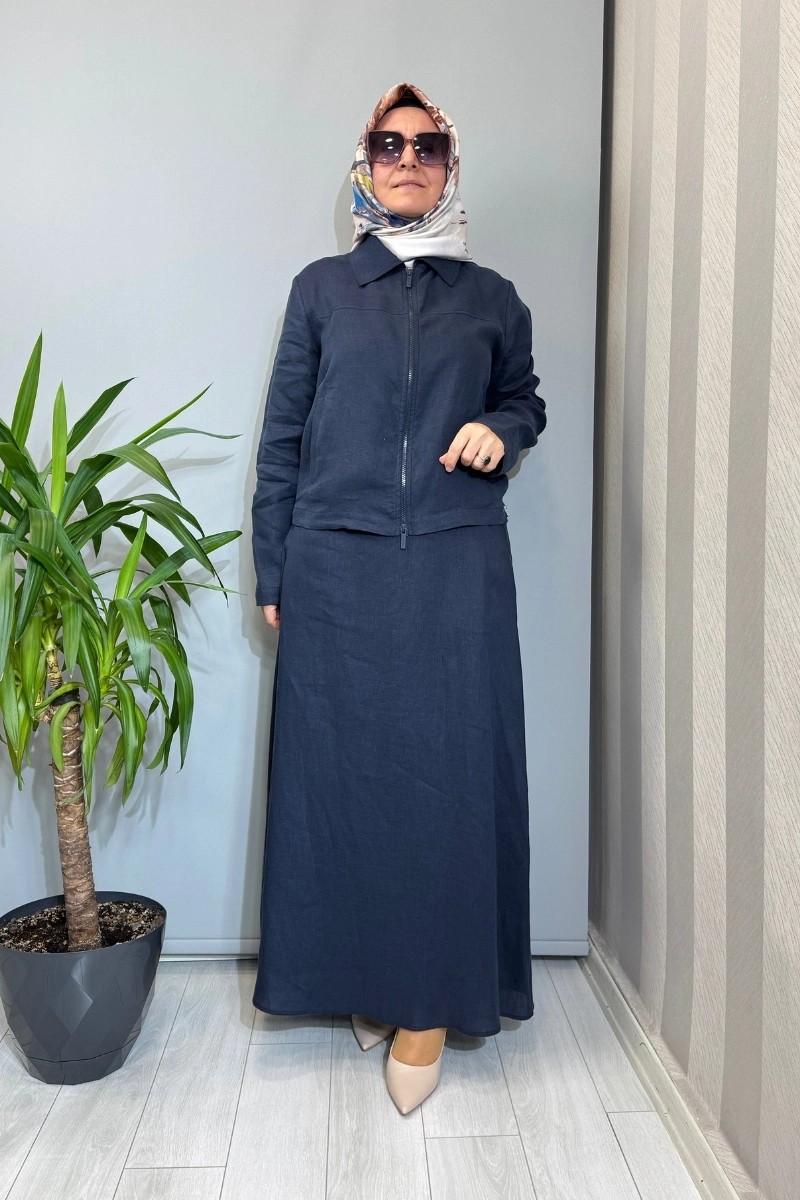 Miss Dalida Beli Lastikli A Kesim Düz Renk Keten Etek Lacivert 2262253 görsel 2