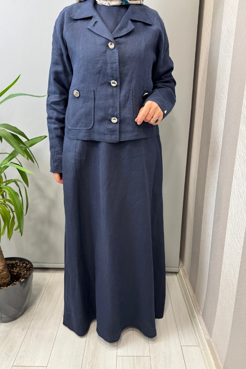 Miss Dalida Gömlek Yaka Cepli Keten Ceket Lacivert 2268256 görsel 3