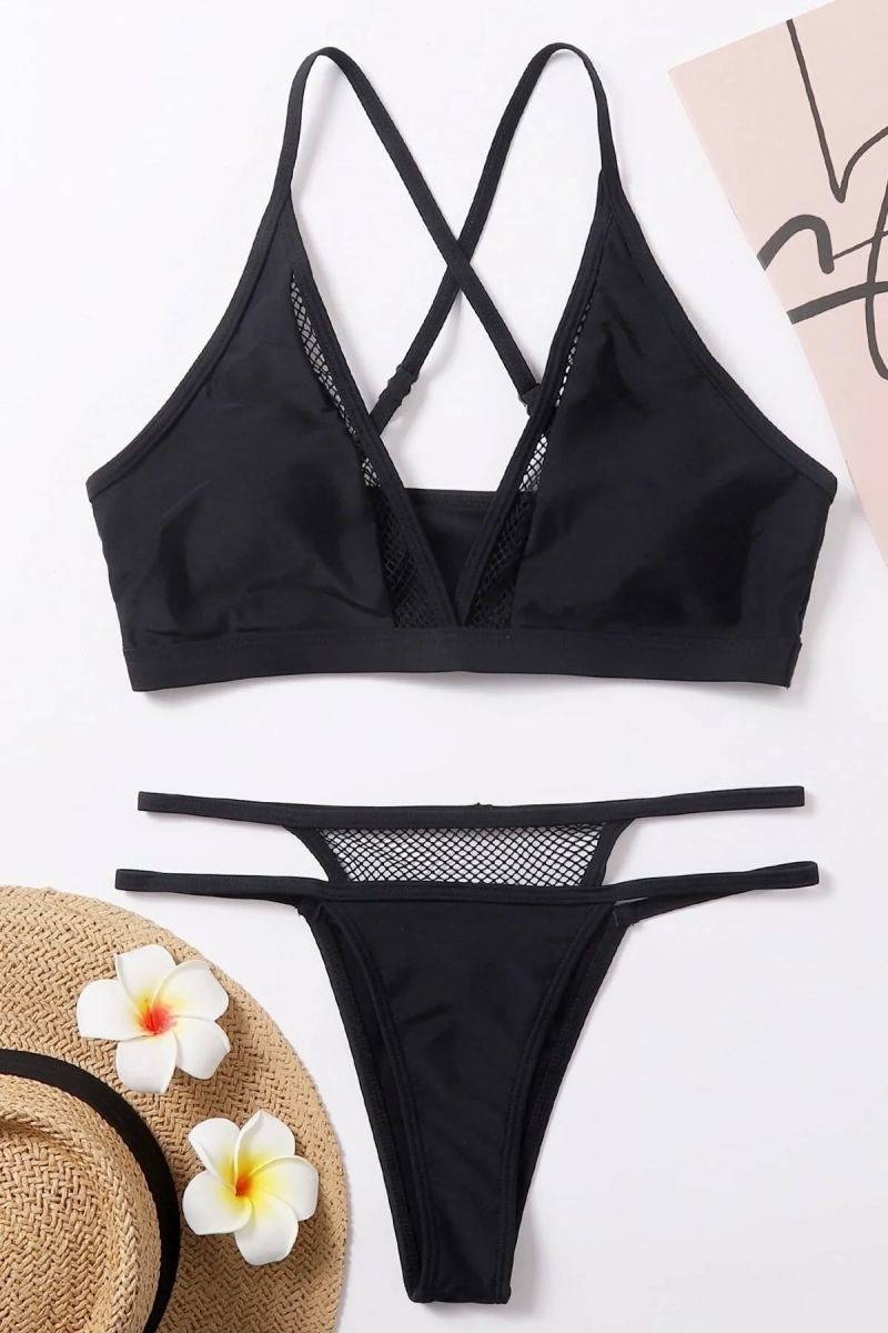 Melonika Siyah File Detaylı Şık Bikini Takımı Yüksek Bel Esnek Kumaş Yazlık Kadın Mayo Seti görsel 2