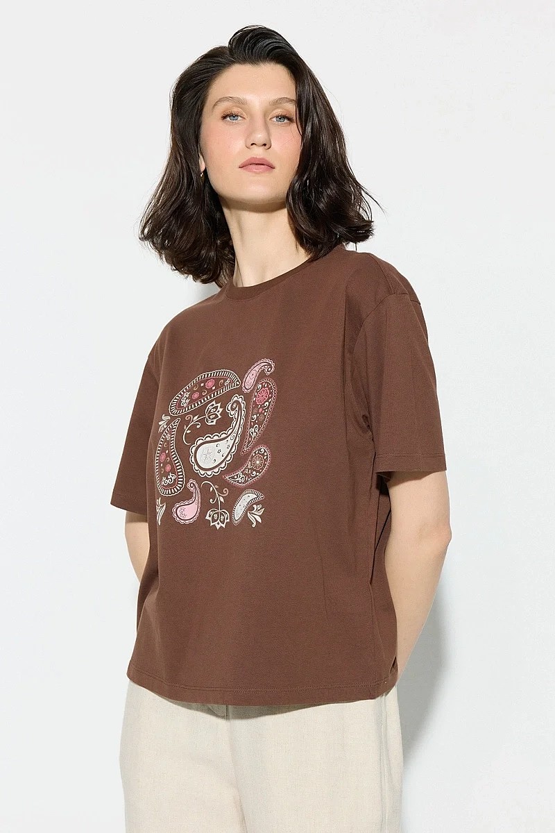 Gusto Şal Desen Baskılı Pamuk T-Shirt - Kahverengi