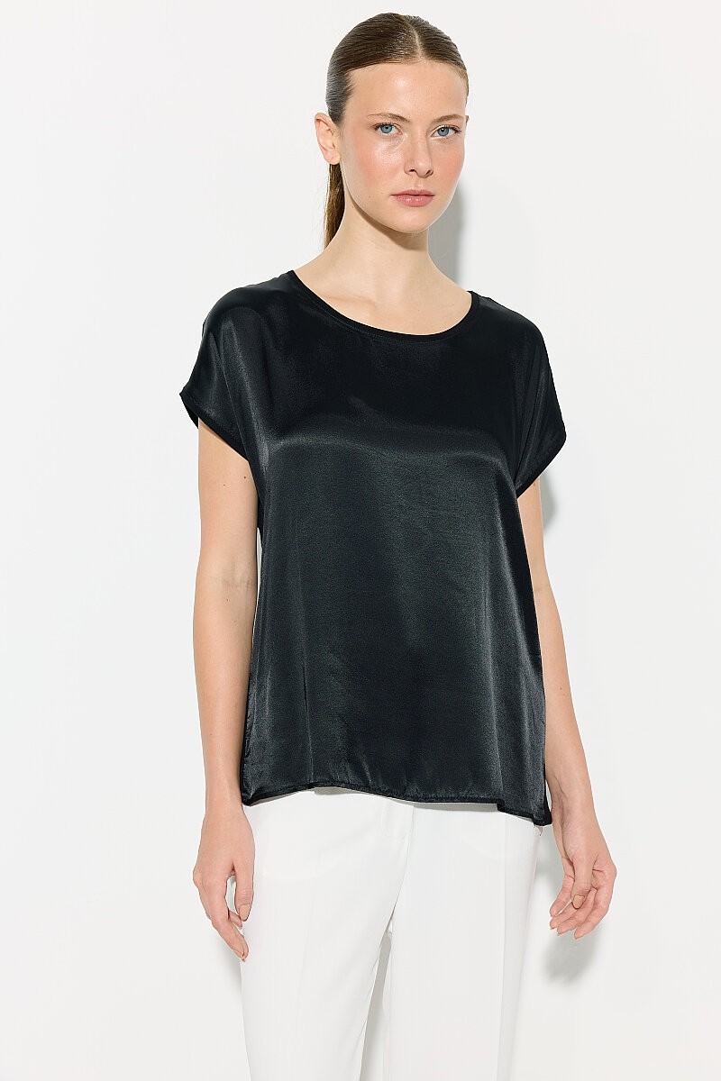 Gusto Yuvarlak Yaka Önü Saten Tshirt - Siyah görsel 6