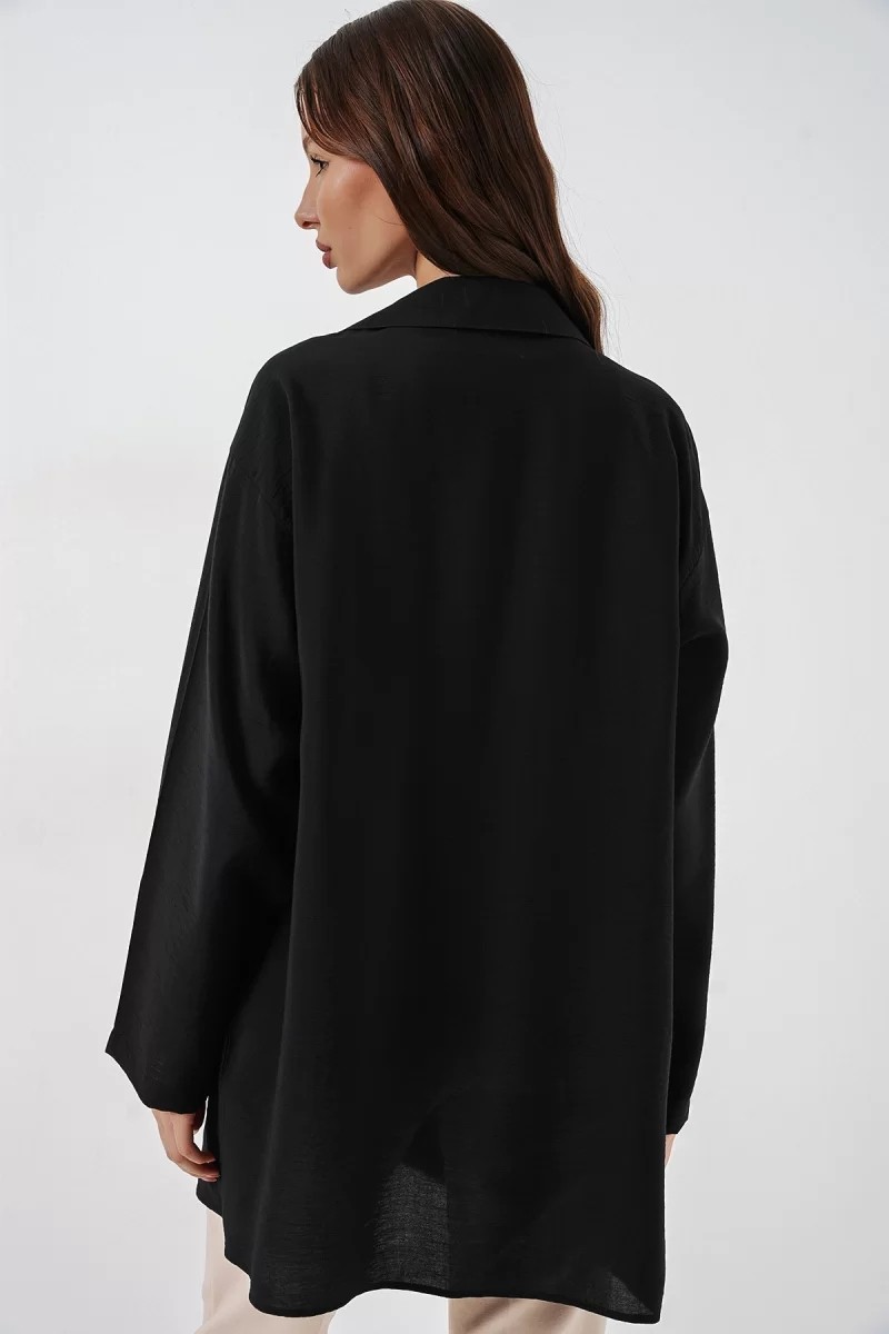 buğrahayalin Kadın Gömlek Yaka Bağcıklı Viskon Siyah Kimono görsel 6