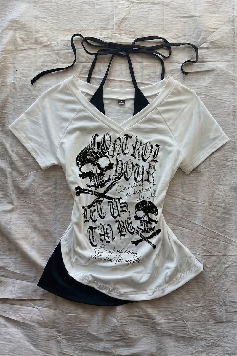 İsra Ayyıldız Moonstar Collection Beyaz Gotik Skulls Control Ek Askılı Y2K Kısa Kollu Crop