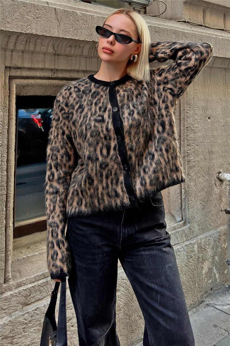 Swist Kahverengi Yünlü Leopar Desen Kadın Triko Hırka