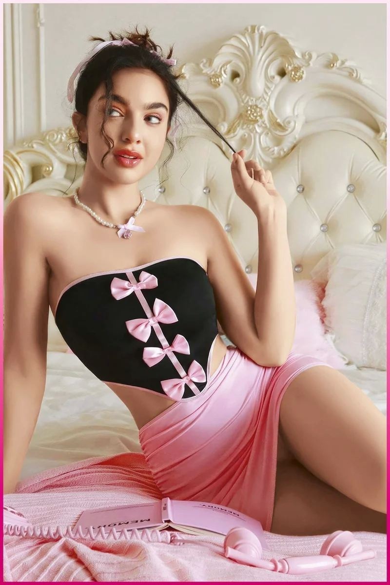 Ava Style Kadın Pembe Ekose Etekli Seksi Kostüm Ava