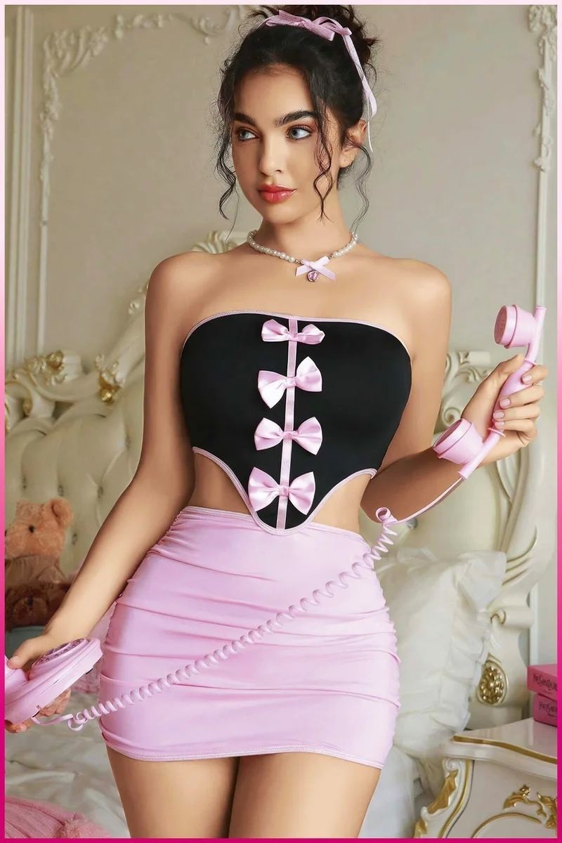 Ava Style Kadın Pembe Ekose Etekli Seksi Kostüm Ava görsel 2