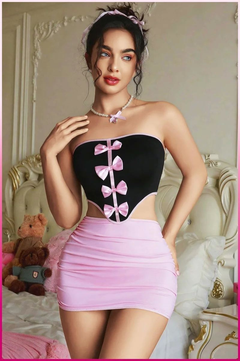 Ava Style Kadın Pembe Ekose Etekli Seksi Kostüm Ava görsel 3