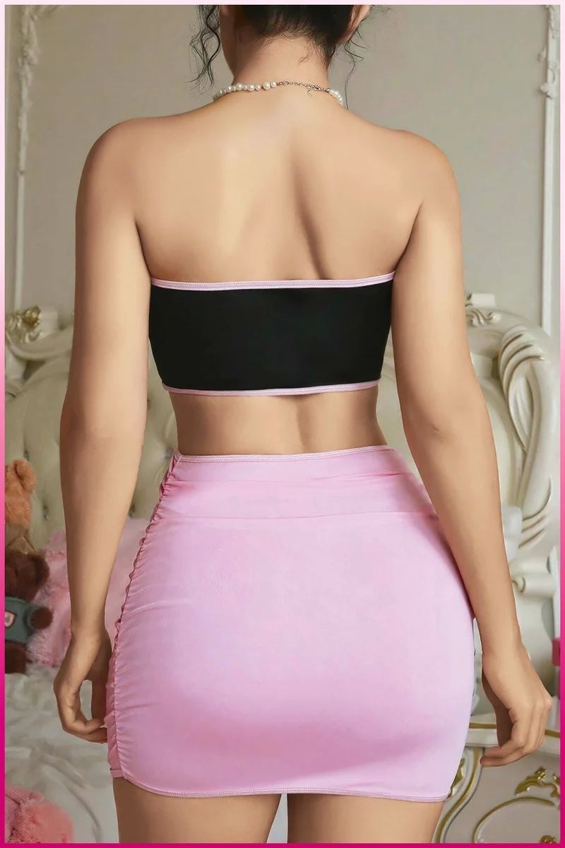 Ava Style Kadın Pembe Ekose Etekli Seksi Kostüm Ava görsel 4