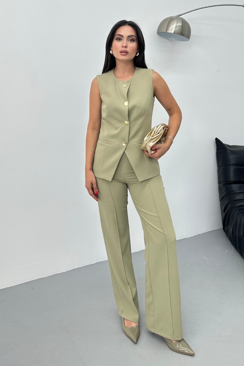 Msm Fashion Kadın Ikili Alt Üst Takım Şık Düğme Detaylı Bisiklet Yaka Regular Yelek Pantolon Takım