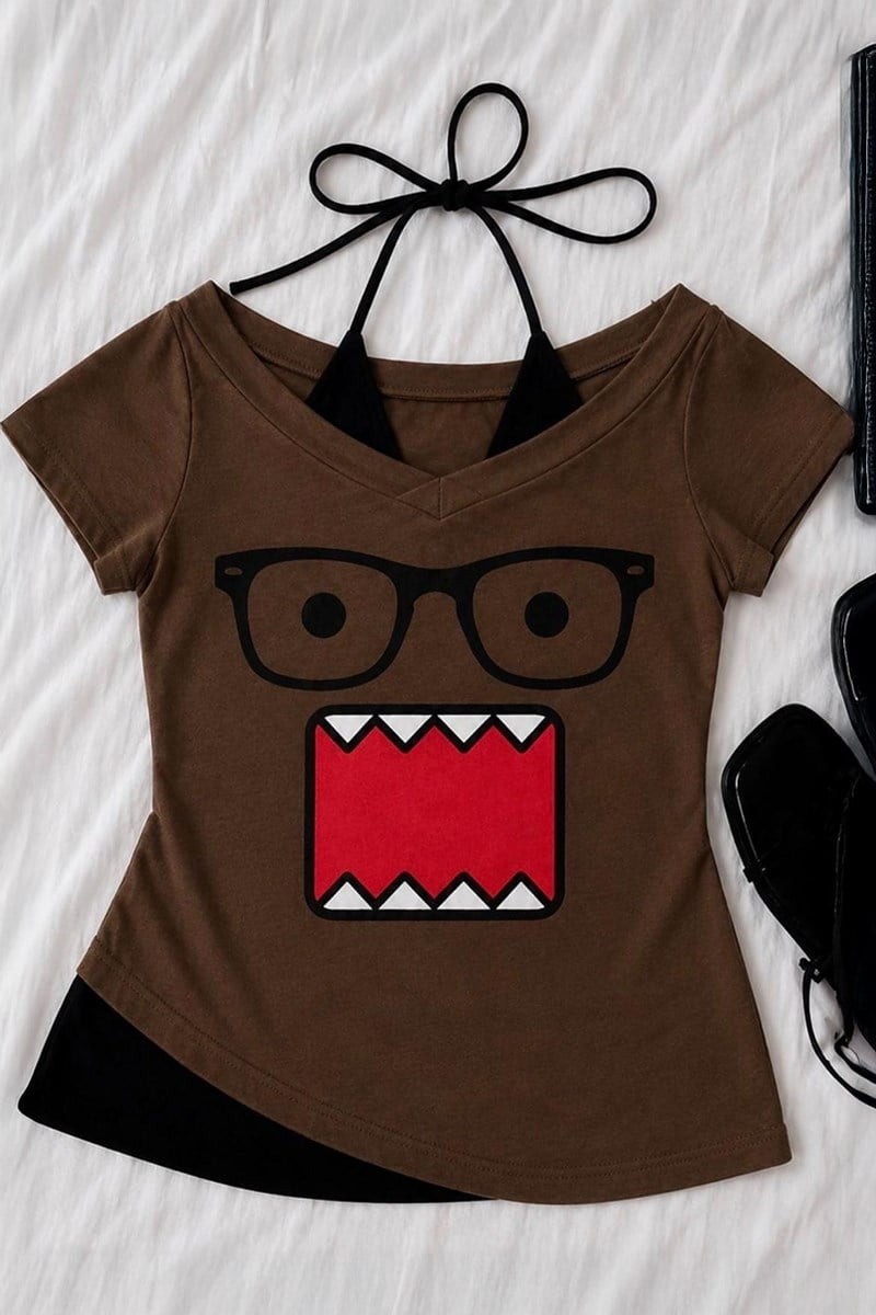 Moonstyle Collection Domo Kun Ek Askılı Kahverengi Y2K Street Tam Boy Bluz