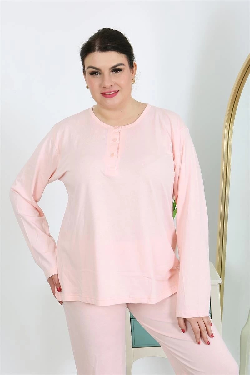 mery Moda Kadın Büyük Beden Uzun Kol Penye Pijama Takımı Pembe Beruflic görsel 4