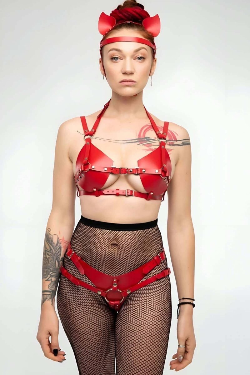 Aesco Fantazi Deri Sütyen ve Külot Takım, Kulaklık Detaylı Harness - BRF871