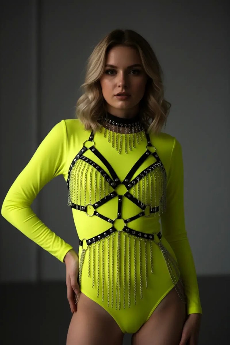 Aesco Zincirli Deri Harness, Deri Dansçı Kostüm, Choker Detaylı Deri Harness - BRF1397