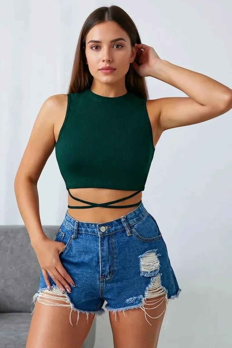Lux Store Kadın Yeşil Çapraz Bağlamalı Crop Top Büstiyer, Şık Tasarım görsel 3