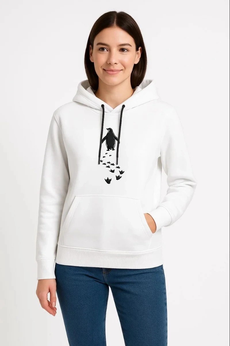 Tarz Yeri Kadın 3 Iplik Pamuklu Kapüşonlu Hoodie Sweatshirt Nihilist Penguen Baskılı - Beyaz görsel 2