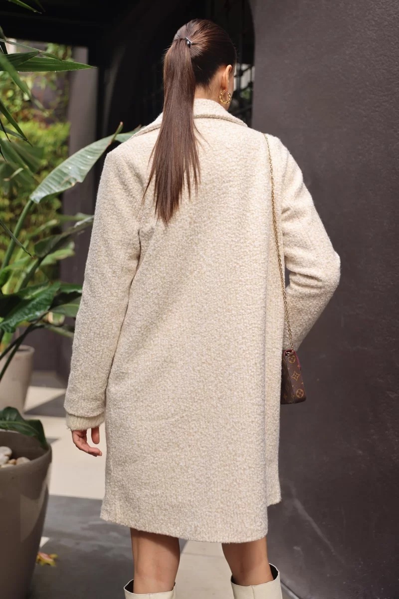 Efnaz Style Kadın Klasik Yaka Oversize Kaşe Krem Kaban görsel 5