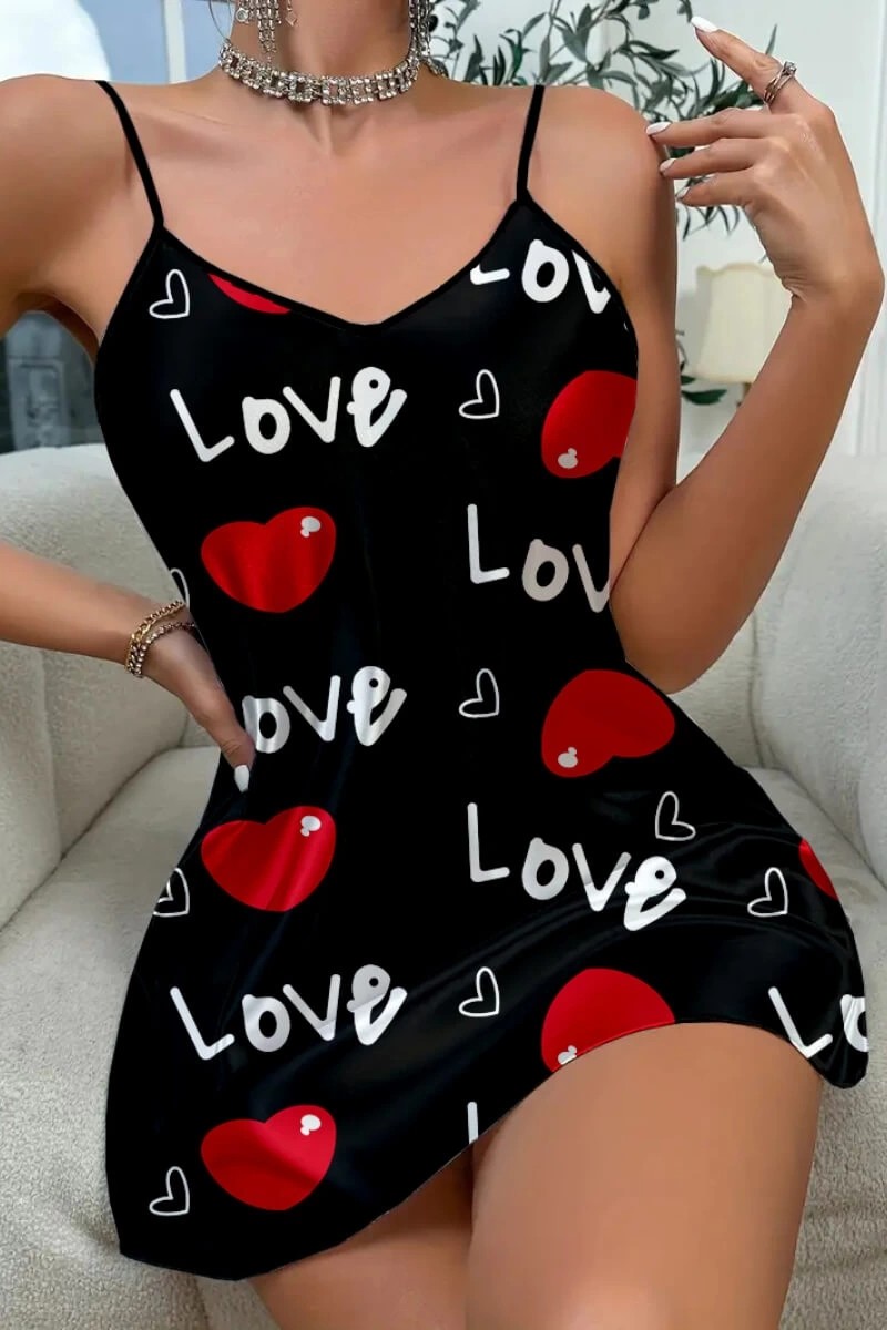 Ozka Concept Love Desenli Siyah Saten Gecelik görsel 4