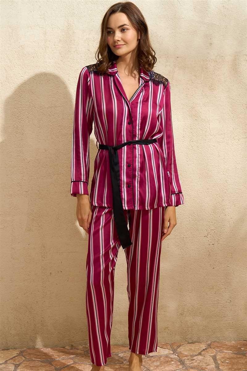 MiraLive Saten Çizgili Düğmeli Uzun Kol Dantelli Gömlek ve Pantolon Pijama Takım (9765)