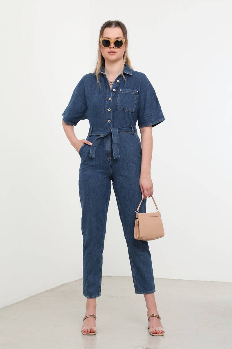 Banny Jeans Kadın Koyu Mavi Yarasa Kol Jean Tulum %100 Pamuk Günlük Stil ile Şık görsel 3