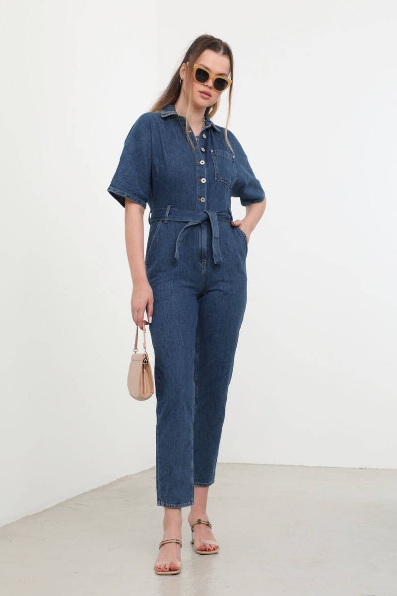 Banny Jeans Kadın Koyu Mavi Yarasa Kol Jean Tulum %100 Pamuk Günlük Stil ile Şık görsel 4