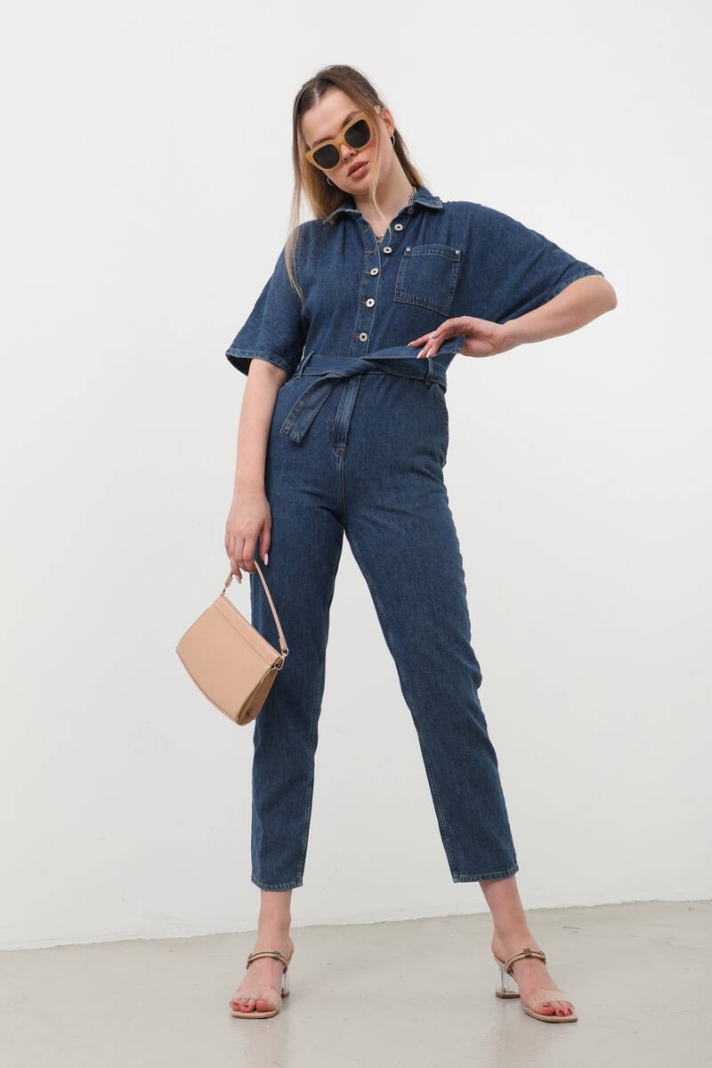 Banny Jeans Kadın Koyu Mavi Yarasa Kol Jean Tulum %100 Pamuk Günlük Stil ile Şık görsel 5