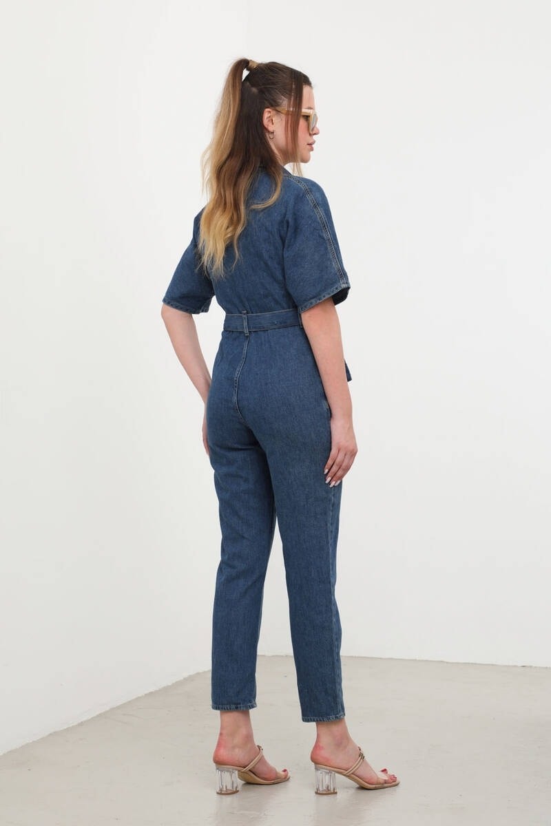 Banny Jeans Kadın Koyu Mavi Yarasa Kol Jean Tulum %100 Pamuk Günlük Stil ile Şık görsel 6
