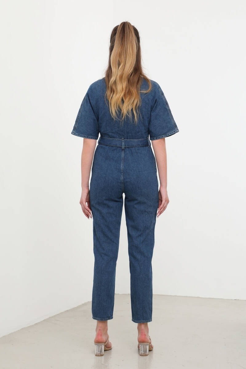 Banny Jeans Kadın Koyu Mavi Yarasa Kol Jean Tulum %100 Pamuk Günlük Stil ile Şık görsel 7