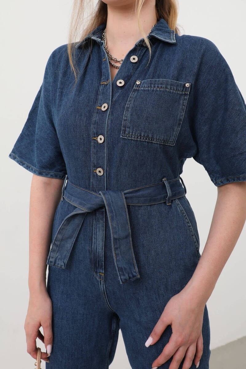 Banny Jeans Kadın Koyu Mavi Yarasa Kol Jean Tulum %100 Pamuk Günlük Stil ile Şık görsel 8