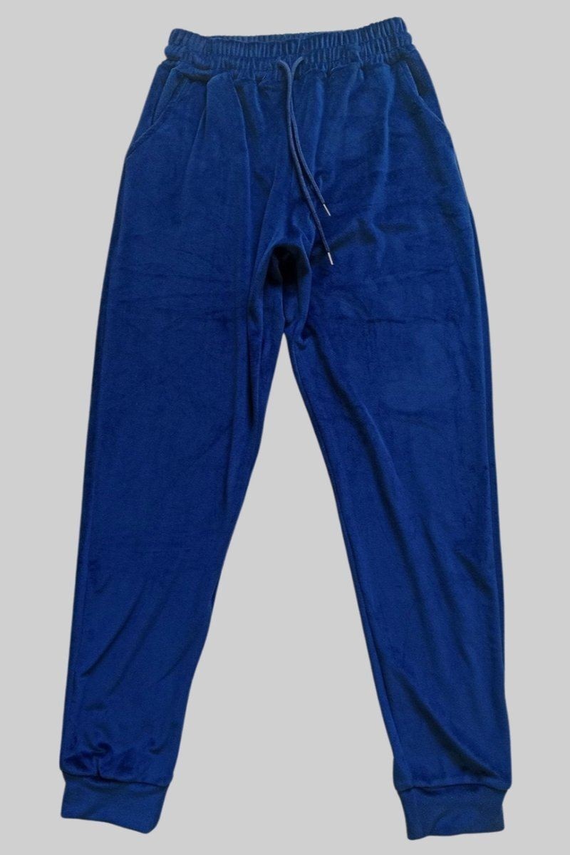 Kuzgun Ticaret Parlak Kadife Cepli Pantolon Eşofman Pijama Altı Unisex Lastikli Paça Lacivert