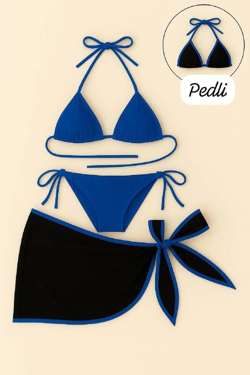 Hace Bazaar Kadın Mavi Pareolu 3’lü Bikini Takımı Yandan ve Boyundan Bağlamalı Pedli Şık Plaj Seti -Hc görsel 3