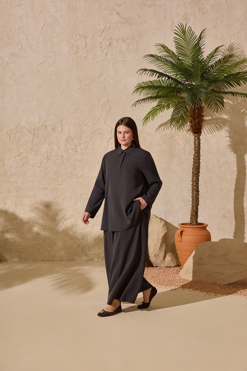 Aker Antrasit Beli Lastik Detaylı Pantolon Etek