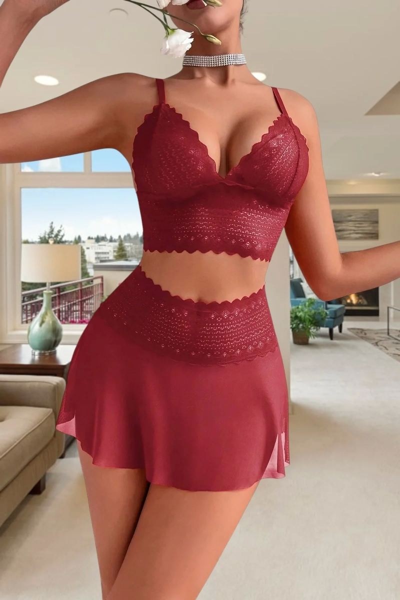 Beruflic Bordo Dantel Tül Detaylı Etekli Şık Kadın Gecelik Under Moda görsel 2