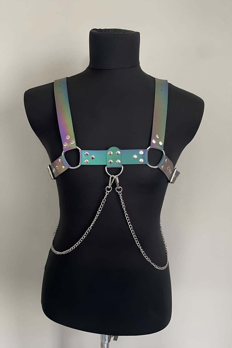 Beruflic Rainbow Reflektörlü (Karanlıkta Parlayan) Zincir Detaylı Şık Erkek Göğüs Harness, Reflekt� görsel 2