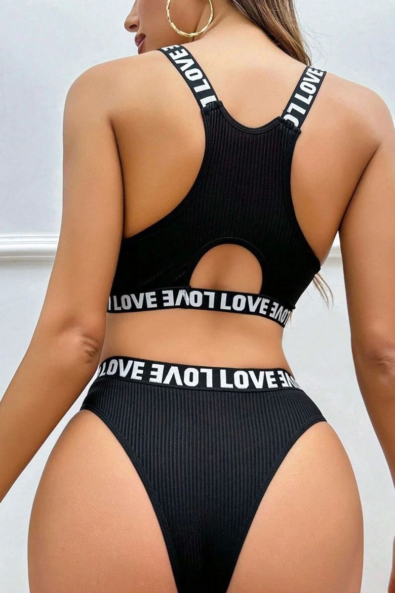 Beruflic Kadın Siyah Çapraz Sırt ve Love Lastik Detaylı Şık Sütyen Külot Takımı Premium Iç Giyim