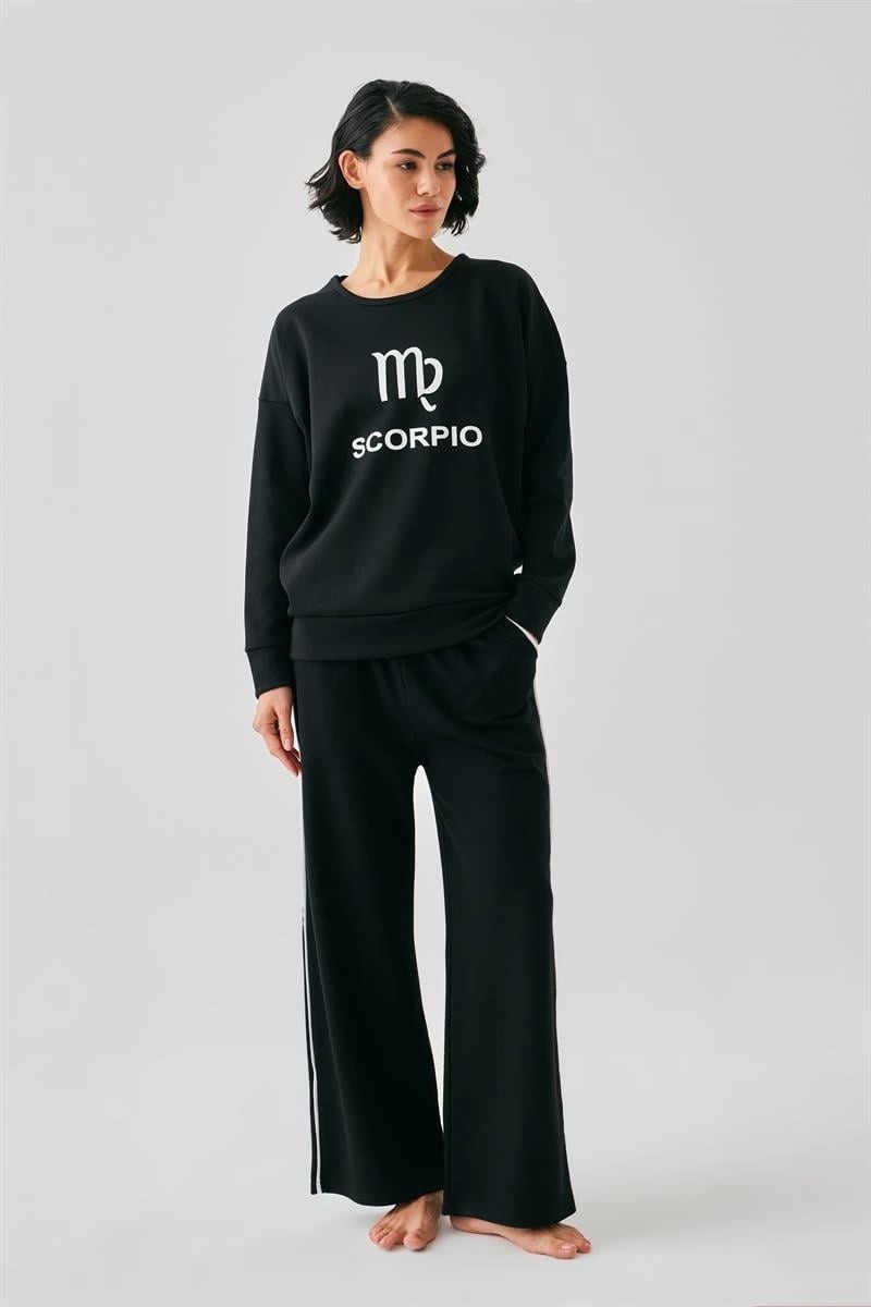 Çamaşır Kenti Moda Kadın Siyah Akrep Burcu Oversize 2 Iplik Eşofman Ev Giyim Takımı Beruflic