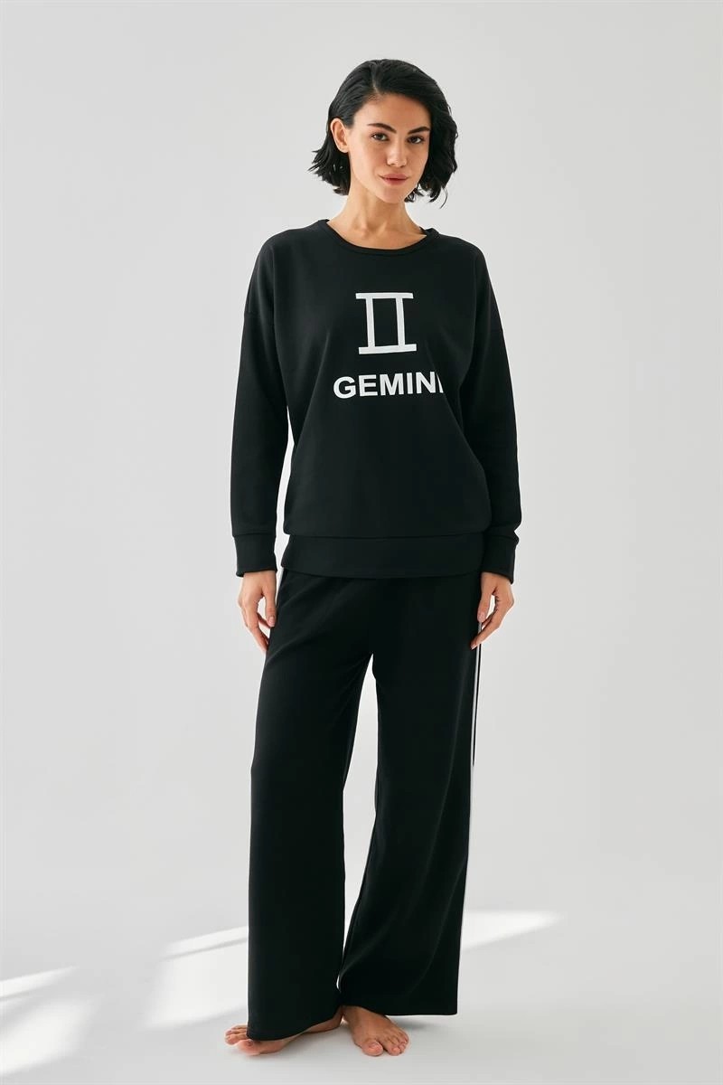 Çamaşır Kenti Moda Kadın Siyah Ikizler Burcu Oversize 2 Iplik Eşofman Ev Giyim Takımı Beruflic