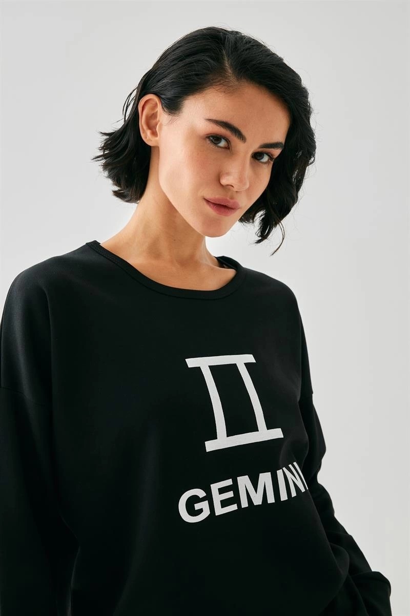 Çamaşır Kenti Moda Kadın Siyah Ikizler Burcu Oversize 2 Iplik Eşofman Ev Giyim Takımı Beruflic görsel 2