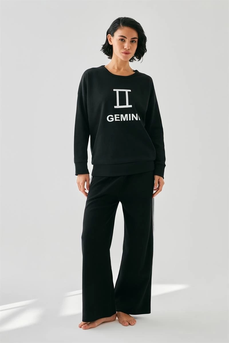 Çamaşır Kenti Moda Kadın Siyah Ikizler Burcu Oversize 2 Iplik Eşofman Ev Giyim Takımı Beruflic görsel 3