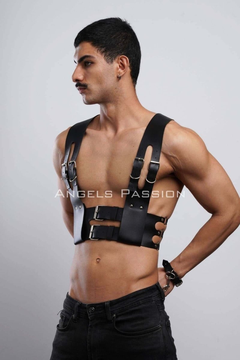 Beruflic Deri Erkek Club Giyim, Fantezi Erkek Giyim, Deri Kelepçeli Erkek Harness - BRFM118 Under Moda görsel 4