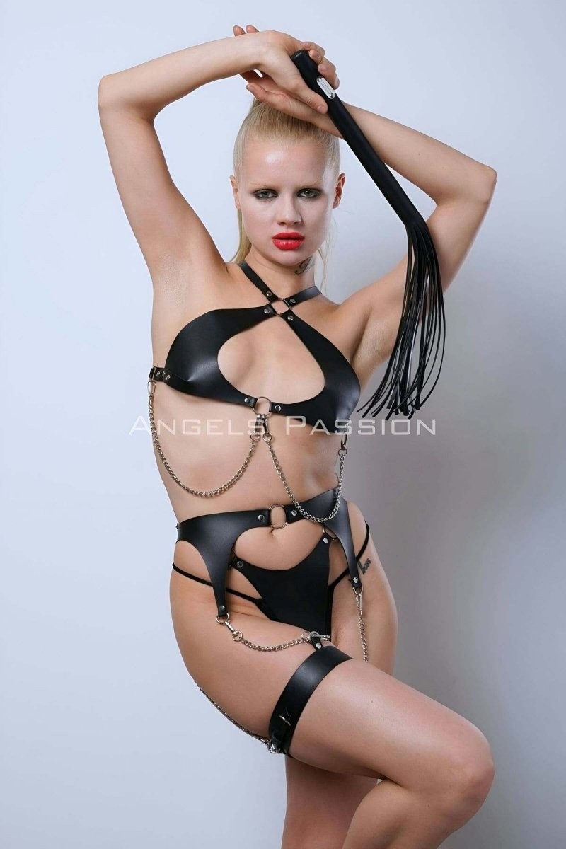 Angels Passion Deri Jartiyer Harness Takım, Deri Sütyen Takım, Kırbaçlı Deri Fantezi Giyim - BRF1363 Under Mo görsel 4