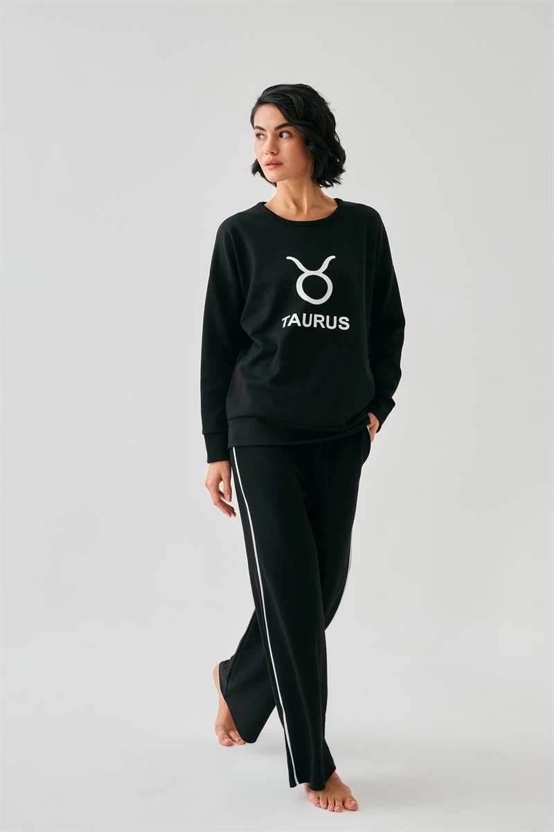 Çamaşır Kenti Moda Kadın Siyah Boğa Burcu Oversize 2 Iplik Eşofman Ev Giyim Takımı Beruflic görsel 2