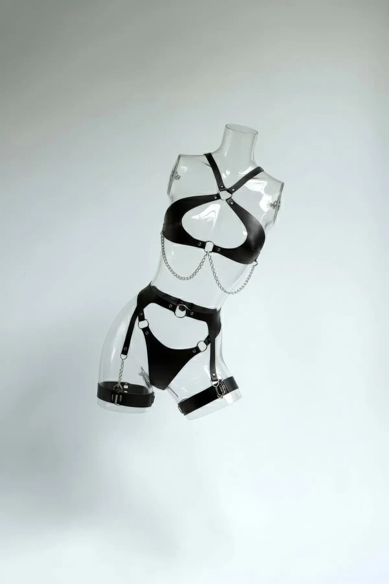 Angels Passion Siyah Harness Takım Zincir Detaylı Jartiyerli Suni Deri - BRF1330 Under Moda görsel 3