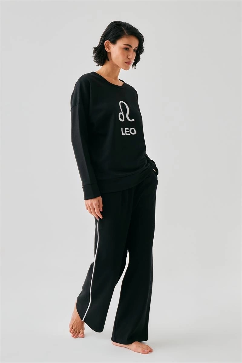 Çamaşır Kenti Moda Kadın Siyah Aslan Burcu Oversize 2 Iplik Eşofman Ev Giyim Takımı Beruflic görsel 2