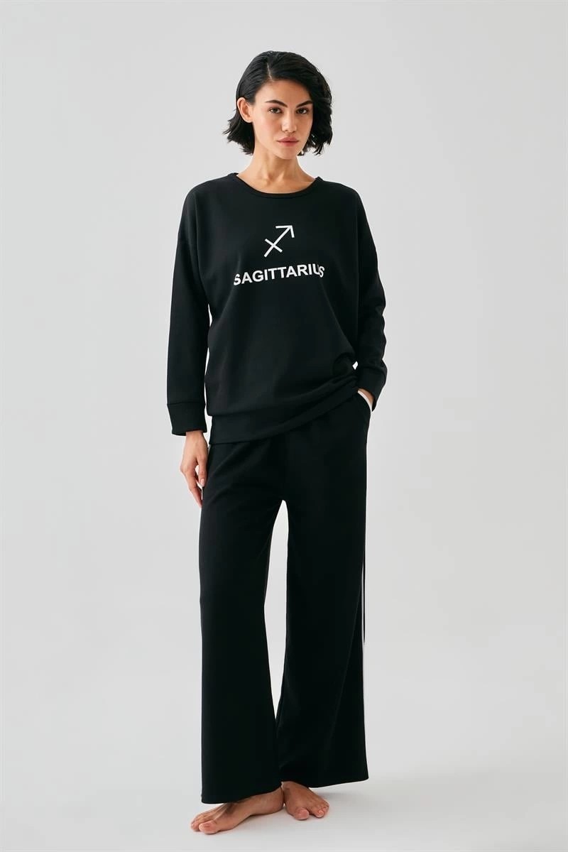 Çamaşır Kenti Moda Kadın Siyah Yay Burcu Oversize 2 Iplik Eşofman Ev Giyim Takımı Beruflic