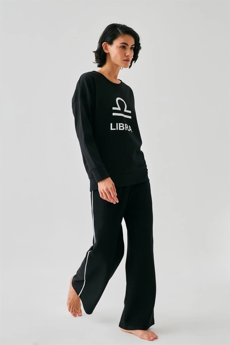 Çamaşır Kenti Moda Kadın Siyah Terazi Burcu Oversize 2 Iplik Eşofman Ev Giyim Takımı Beruflic