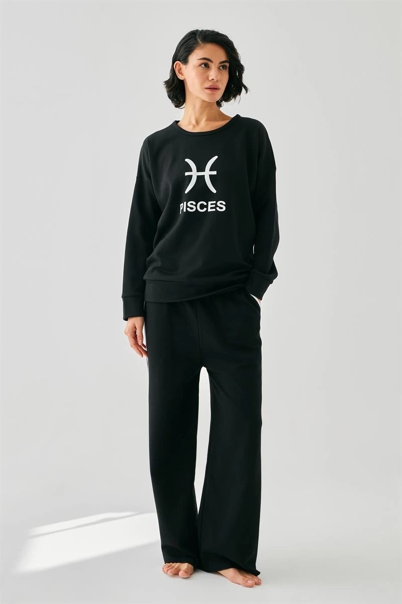 Çamaşır Kenti Moda Kadın Siyah Balık Burcu Oversize 2 Iplik Eşofman Ev Giyim Takımı Beruflic