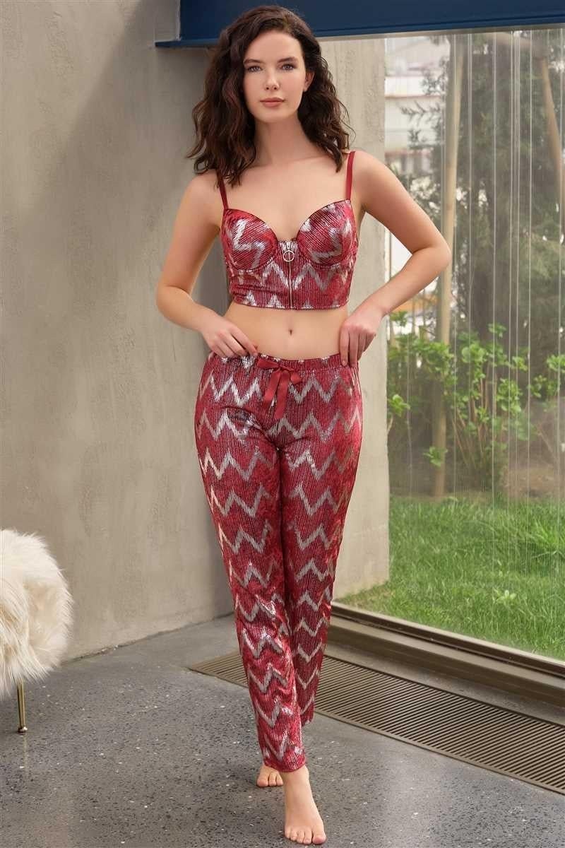 Melonika Kadife Balenli Destekli Dolgulu Parlak Baskılı Fermuar Detaylı Büstiyer ve Pantolon Pijama Takı