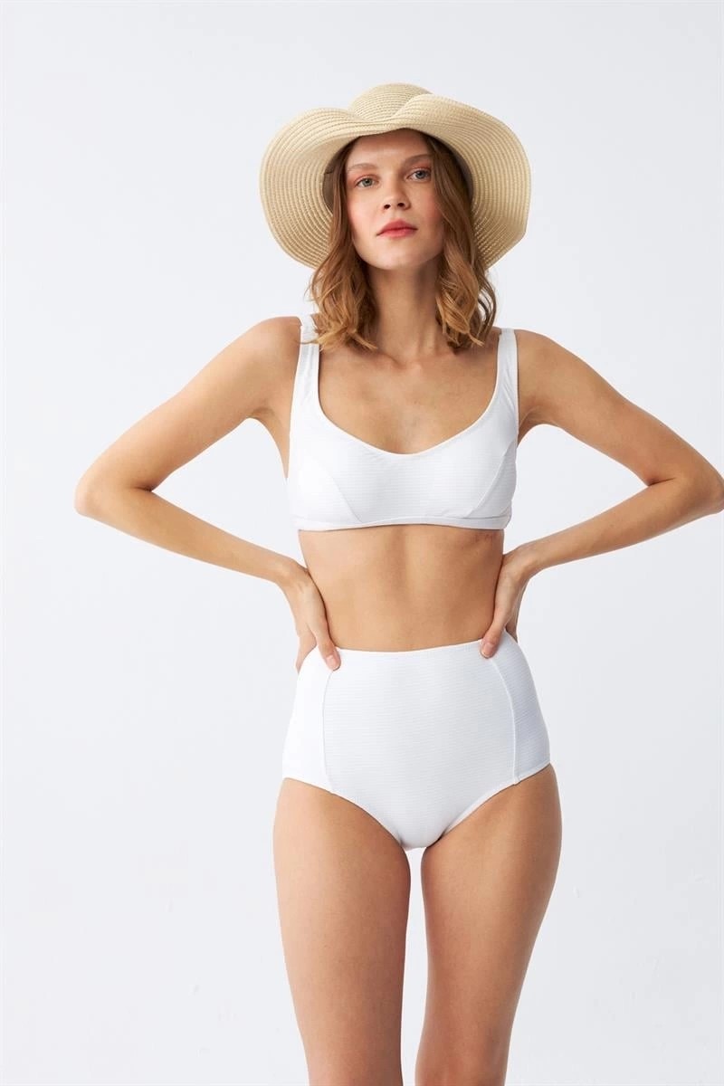 Melonika Kadın Basic Beyaz Pedli Yüksek Bel Bikini Takımı Çmş